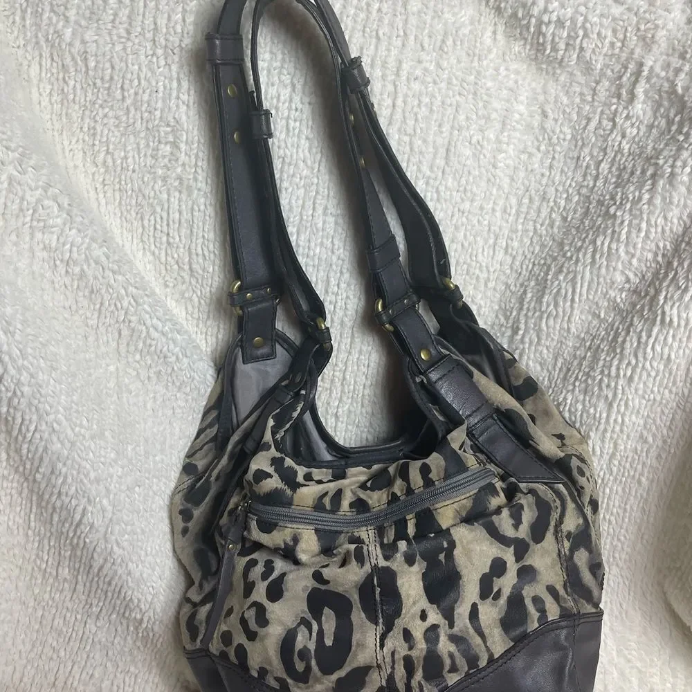 a.n.a Leopard Print 100%Pig skin dark gray faux leather trim hobo Bag